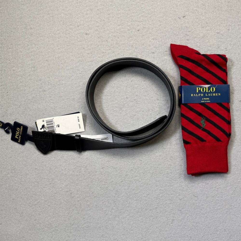Polo Ralph Lauren Men's Shield-Buckle Leather Belt W/ free socks, Black 42W $99